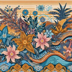 creative batik and songket art seamless pattern with flowers