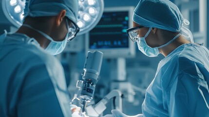 Two surgeons one nurse and one assistant wearing scrubs and masks collaborating to perform a delicate medical procedure in the operating room with sophisticated medical equipment and technology