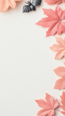 Obraz premium Pink leaves and a black bat on a white background.