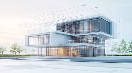 Obraz premium AI analyzing architectural blueprints and offering structural improvements to a design, AI architecture, intelligent building design