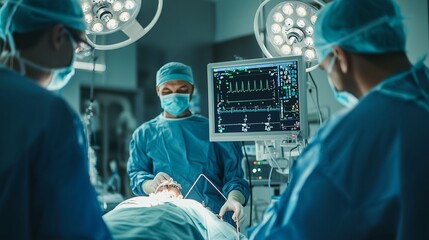 Surgical team of doctors and nurses in scrubs and masks performing a medical on a patient in a modern hospital operating room with advanced medical equipment and technology