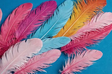 A collection of colorful feathers on a blue background