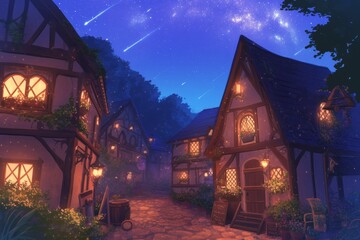 Small, Cozy Village with Smoke Curling from Chimneys and Warmly Lit Windows Under a Starry Sky, Generative AI