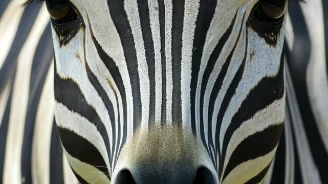 A close-up view of a zebra's face, showcasing its distinctive black and white stripes