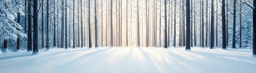 Naklejka premium A serene winter forest scene, with snow-covered trees and soft light filtering through the branches, creating a tranquil atmosphere.