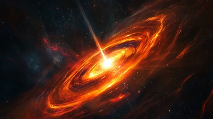 A fiery spiral galaxy with a bright core in a dark space with stars.