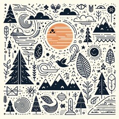 minimalist pattern art doodle with birds and flowers