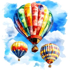 Naklejka premium Watercolor Painting of Colorful Hot Air Balloons Floating in the Sky.