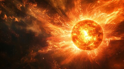 Obraz premium A fiery star burns brightly in the cosmic void, surrounded by a swirling nebula of gas and dust.