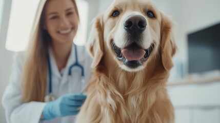 Cheerful female veterinarian in white coat and gloves providing caring medical examination and treatment for a friendly golden retriever dog patient at her veterinary clinic or animal hospital