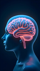 Obraz premium 3D Human Head Profile Highlighting Brain Structure with Glowing Neural Connections