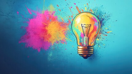 A Lightbulb Surrounded by Colorful Paint Splatter on a Blue Background