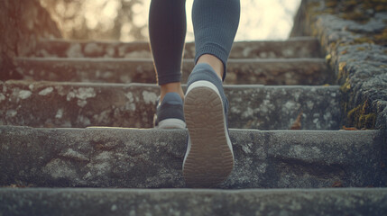 young woman confidently walks up a set of stairs in a casual yet sporty outfit, symbolizing progress, determination, and growth on a personal or professional journey