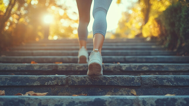 woman confidently walks up a set of stairs in a casual yet sporty outfit, symbolizing progress, determination, and growth on a personal or professional journey