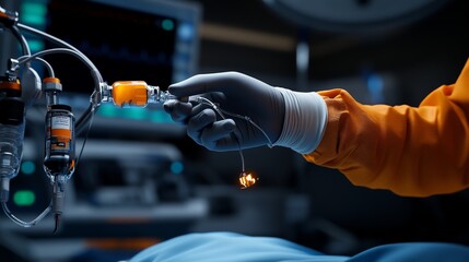 Precision Robotics in the OR: A gloved hand delicately manipulates a surgical instrument, showcasing the intricate details of robotic-assisted surgery.