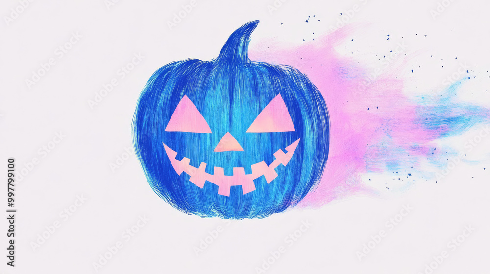 Poster a blue pumpkin with a pink smiling face and blue splatters.