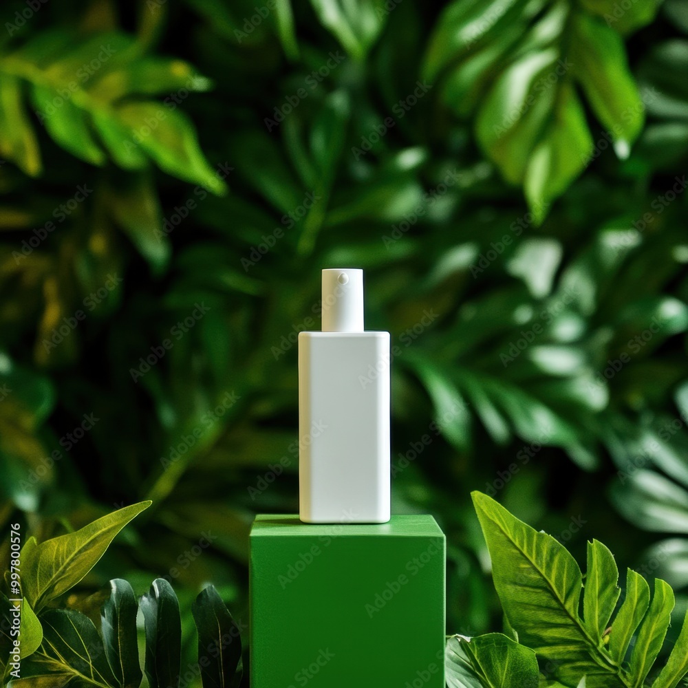 Wall mural perfume bottle green leaves.