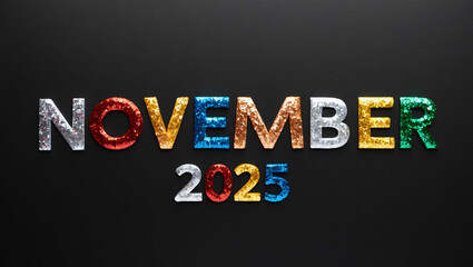 november 2025 word lettering made of colorful glitter shining effect on plain black background