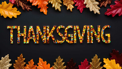 thanksgiving word lettering made of colorful glitter shining effect on plain black background