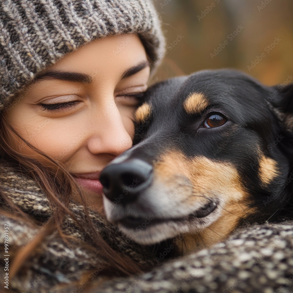 Poster woman hugging dog.