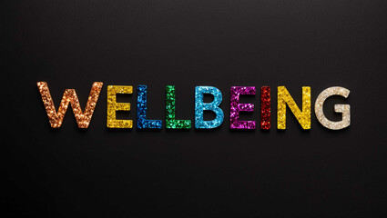 wellbeing word lettering made of colorful glitter shining effect on plain black background