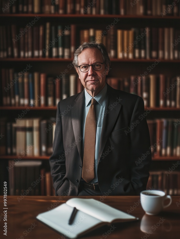 Poster A professor poses with confidence in a suit beside a large bookshelf packed with books, showcasing scholarly expertise and professionalism. Generative AI