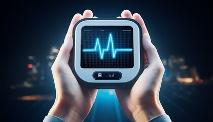 Hands holding a digital heart monitor, with the display showing heart rate data, heart rate check, health tracking
