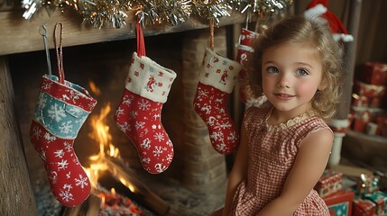 Kids in 1950s vintage-style Christmas outfits hanging stockings on a rustic fireplace, the room filled with retro holiday decorations, tinsel, and the warm glow of a crackling fire,