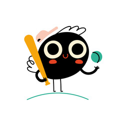 The character holds a bat and a baseball ball