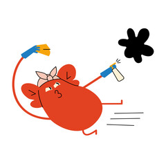 Character cleaning a black stain with rag and spray