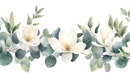 Watercolor Magnolia and Eucalyptus Floral Border