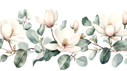 Obraz premium Watercolor Magnolia and Eucalyptus Floral Border