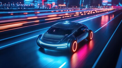 Obraz premium A futuristic autonomous vehicle gracefully navigating a night illuminated highway symbolizing the advancement of transportation technology and the future of self-driving cars