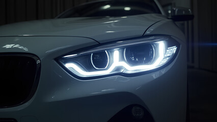 the headlights of a white car with the grill lights turned on