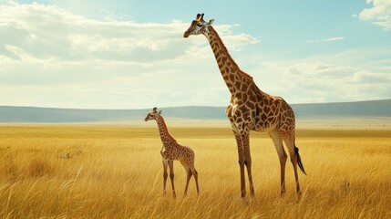 Obraz premium A baby giraffe standing next to its mother, surrounded by the wide-open plains of Africa, highlighting the bond between them.