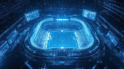 A holographic blueprint of a football stadium, its iconic form outlined in intricate neon blue patterns, suspended against a dark void.