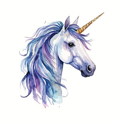 Hand drawn cute unicorn portrait vector watercolor art isolated on white background
