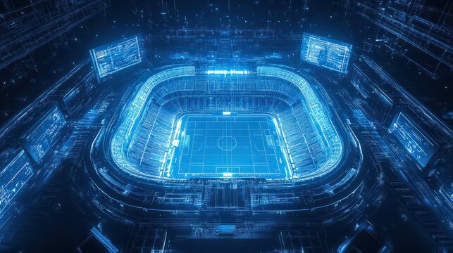 A holographic blueprint of a football stadium, its iconic form outlined in intricate neon blue patterns, suspended against a dark void. - Powered by Adobe