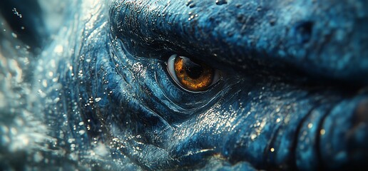 Close-up of a blue creature's eye with an orange iris, surrounded by water droplets.