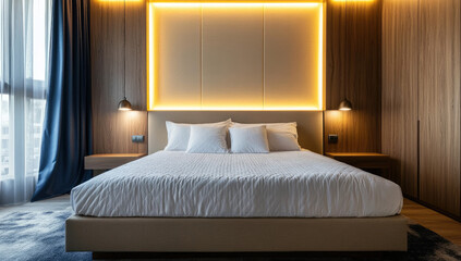 A modern hotel room with a minimalist design, featuring an elegant bed and soft lighting that creates a cozy ambiance. The focal point is the large LED panel above it Created with Ai