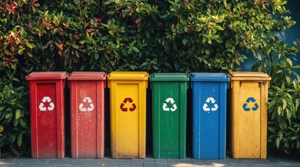 A colorful set of rubbish bins in a schoolyard, promoting recycling with clear labels for paper, plastic, and organic waste disposal.