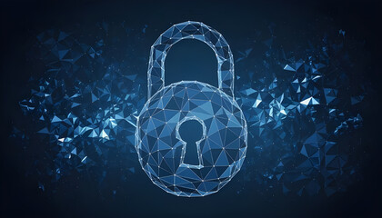 Abstract closed lock without key on dark blue background. Protect or security symbol composed of polygons. Low poly vector illustration of a starry sky or Comos, consists of lines, dots and shapes.