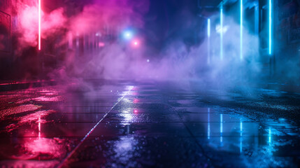 Mysterious Urban Street With Neon Lights and Fog. Moody urban scene featuring vibrant neon lights and dense fog on an empty street at night, creating a mysterious and cinematic atmosphere.