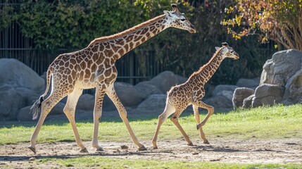 Obraz premium A giraffe calf learning to walk, stumbling on its long legs while its mother watches protectively from nearby.