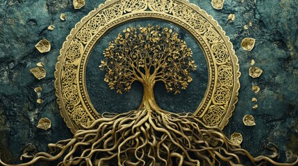 An ornate mandala with a tree of life and roots