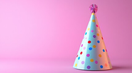A colorful polka-dotted party hat against a pink background, symbolizing celebration, such as a birthday or festive occasion.