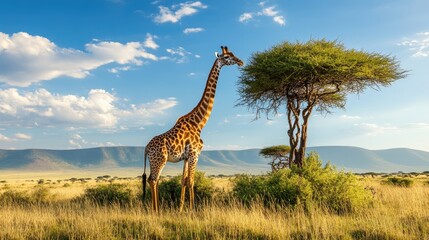 Fototapeta premium A giraffe stretching its neck to munch on leaves from a tall acacia tree, surrounded by the vast African landscape.