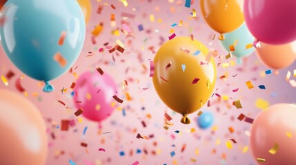 Colorful balloons amidst a shower of confetti, suggesting a festive or celebratory atmosphere, possibly for a party, event, or anniversary.