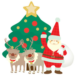 クリスマスツリーの前で微笑むサンタクロースとトナカイのベクターイラスト