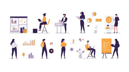 Naklejka premium Business and marketing concept illustrations. Set of people vector illustrations in various activities of business, management, payment, market research and data analysis, communication
